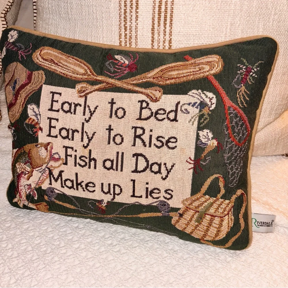 Vintage Riverdale fishing theme tapestry accent pillow early to bed early rise